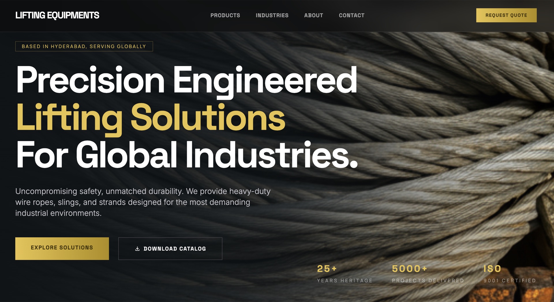 Lifting Equipments landing hero — Precision Engineered Lifting Solutions over a close-up of steel wire rope